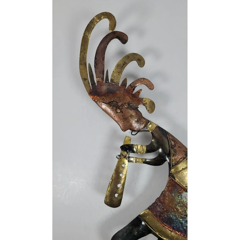 Vintage Kokopelli Metal Wall Art Southwestern Flute Player Copper Gold Tone 15in